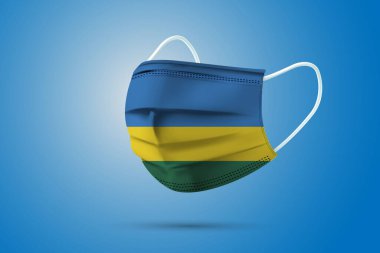 Ruanda Ulusal Bayrağı ile Gerçekçi Koruyucu Tıbbi Maske. Sağlık hizmeti ve bayraklı tıbbi konsept. Vektör illüstrasyonu.