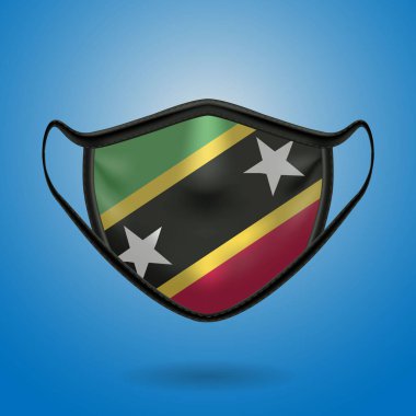 Saint Kitts ve Nevis 'in Ulusal Bayrağı ile Gerçekçi Koruyucu Tıbbi Maske. Sağlık hizmeti ve bayraklı tıbbi konsept. Vektör illüstrasyonu.