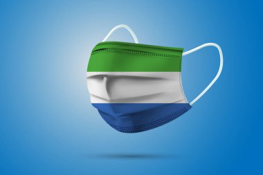 Sierra Leone 'nin Ulusal Bayrağı ile Gerçekçi Koruyucu Tıbbi Maske. Sağlık hizmeti ve bayraklı tıbbi konsept. Vektör illüstrasyonu.