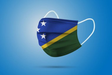 Solomon Adaları Ulusal Bayrağı ile Gerçekçi Koruyucu Tıbbi Maske. Sağlık hizmeti ve bayraklı tıbbi konsept. Vektör illüstrasyonu.