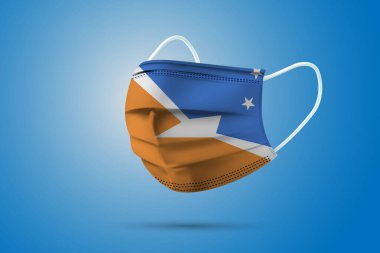Tierra de Fuego 'nun Ulusal Bayrağı ile Gerçekçi Koruyucu Tıbbi Maske. Sağlık hizmeti ve bayraklı tıbbi konsept. Vektör illüstrasyonu.