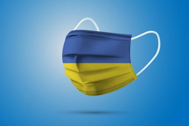 Ukrayna Ulusal Bayrağı ile Gerçekçi Koruyucu Tıbbi Maske. Sağlık hizmeti ve bayraklı tıbbi konsept. Vektör illüstrasyonu.