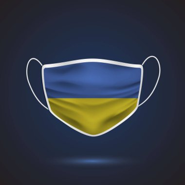 Ukrayna Ulusal Bayrağı ile Gerçekçi Koruyucu Tıbbi Maske. Sağlık hizmeti ve bayraklı tıbbi konsept. Vektör illüstrasyonu.