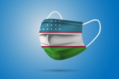 Özbekistan Ulusal Bayrağı ile Gerçekçi Koruyucu Tıbbi Maske. Sağlık hizmeti ve bayraklı tıbbi konsept. Vektör illüstrasyonu.
