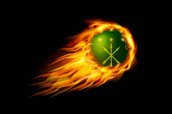 Bandera Adygea Con Bola Fuego Diseño Realista Aislado Sobre Fondo — Archivo Imágenes Vectoriales