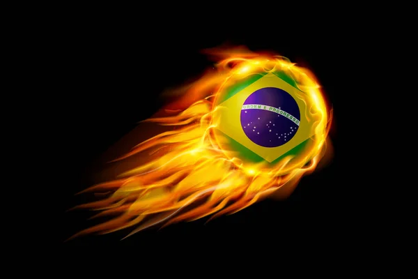 Brazilië Vlag Met Vuurbal Realistisch Ontwerp Geïsoleerd Zwarte Achtergrond Vectorillustratie — Stockvector
