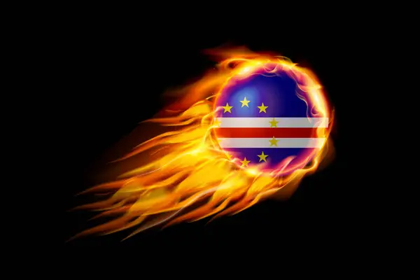 Kapverdische Flagge Mit Feuerball Realistisches Design Isoliert Auf Schwarzem Hintergrund — Stockvektor