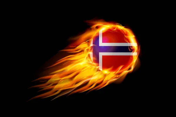 Noorwegen Vlag Met Vuurbal Realistisch Ontwerp Geïsoleerd Zwarte Achtergrond Vectorillustratie — Stockvector