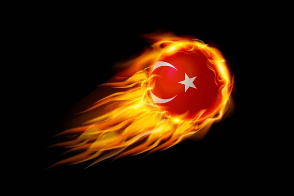 Turkiet Flagga Med Brand Boll Realistisk Design Isolerad Svart Bakgrund — Stock vektor