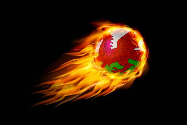 Wales Flag Fire Ball Design Realistico Isolato Sfondo Nero Illustrazione — Vettoriale Stock