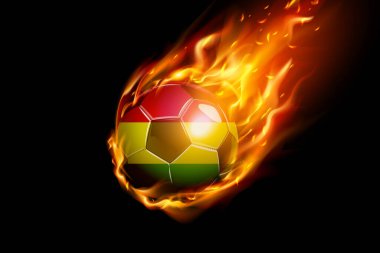 Bolivya Flag with Fire Football Realistik Tasarımı siyah arka planda izole edildi. Vektör illüstrasyonu