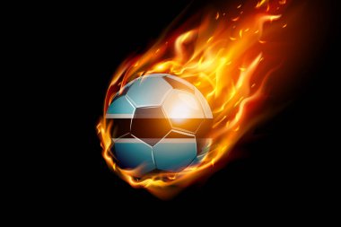 Siyah arka planda izole edilmiş Botswana Flag with Fire Football Realistik Design. Vektör illüstrasyonu