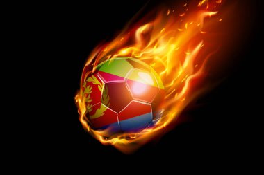 Eritrea Flag with Fire Football Realistik Tasarımı siyah arka planda izole edildi. Vektör illüstrasyonu