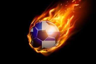 Finlandiya Ateşli Bayrağı Futbol Gerçekçi Tasarımı siyah arka planda izole edildi. Vektör illüstrasyonu