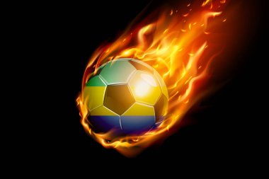 Gabon Flag with Fire Football Realistik Tasarımı siyah arka planda izole edildi. Vektör illüstrasyonu