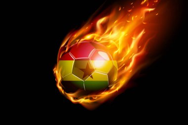 Siyah arka planda Gana Flag with Fire Football Realistik Design izole edildi. Vektör illüstrasyonu