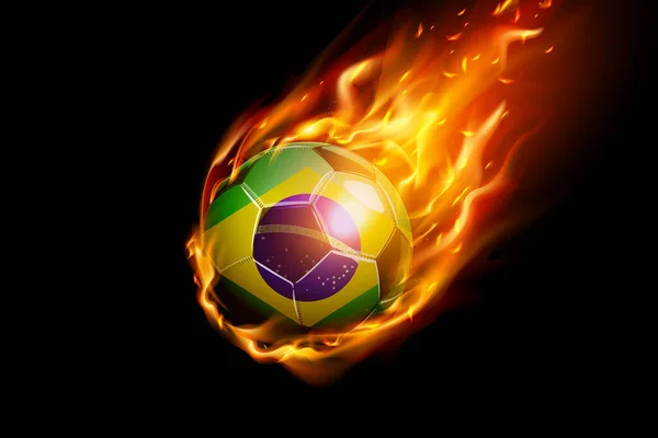 Brasilien Flagga Med Brand Fotboll Realistisk Design Isolerad Svart Bakgrund — Stock vektor