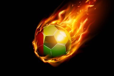 Gine Bissau Flag ve Ateşli Futbol Futbolu Gerçekçi Tasarımı siyah arka planda izole edildi. Vektör illüstrasyonu