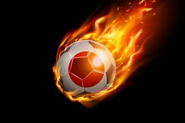 Ateşli Japon Bayrağı Futbolcu Gerçekçi Tasarımı siyah arka planda izole edildi. Vektör illüstrasyonu