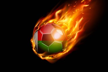 Madagaskar Flag with Fire Football Realistik Design siyah arka planda izole edildi. Vektör illüstrasyonu