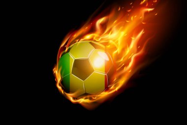 Siyah arka planda, Ateşli Bayrak ve Ateşli Futbolcu Gerçekçi Tasarım izole edildi. Vektör illüstrasyonu