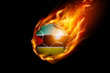 Siyah arkaplanda Ateşli Mozambik Bayrağı ve Ateşli Futbolcu Gerçekçi Tasarımı izole edildi. Vektör illüstrasyonu