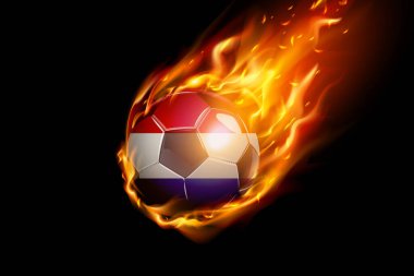 Hollanda Ateşli Bayrağı Futbol Gerçekçi Tasarımı siyah arka planda izole edildi. Vektör illüstrasyonu