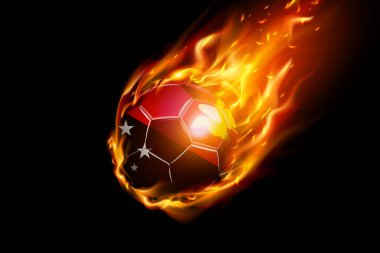 Papua Yeni Gine Bayrağı ve Ateşli Futbol Futbolu Gerçekçi Tasarımı siyah arka planda izole edildi. Vektör illüstrasyonu