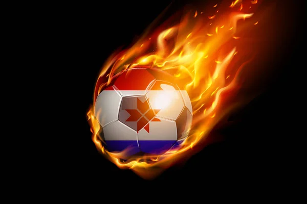 Mordovia Vlag Met Vuur Voetbal Realistisch Ontwerp Geïsoleerd Zwarte Achtergrond — Stockvector