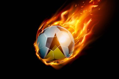 Saint Lucia Flag with Fire Football Realistik Tasarımı siyah arka planda izole edildi. Vektör illüstrasyonu