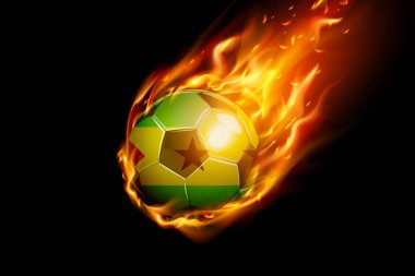 Siyah arka planda Sao Tome ve Principe Flag with Fire Football Realistik Design izole edildi. Vektör illüstrasyonu