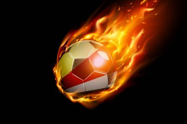 Seyşeller Flag with Fire Football Realistik Tasarımı siyah arka planda izole edildi. Vektör illüstrasyonu