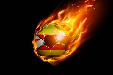 Zimbabwe Flag with Fire Football Realistik Design siyah arka planda izole edildi. Vektör illüstrasyonu