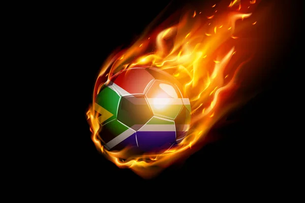 火のサッカーと南アフリカの旗現実的なデザインは黒の背景に隔離されています ベクターイラスト — ストックベクタ