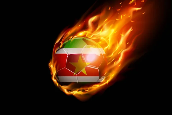 Suriname Vlag Met Vuur Voetbal Realistisch Ontwerp Geïsoleerd Zwarte Achtergrond — Stockvector