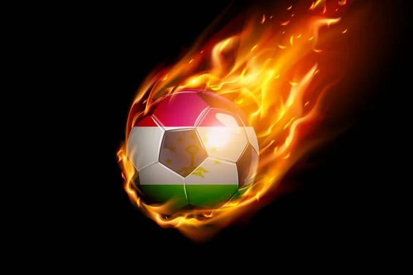 Tadzjikistan Vlag Met Vuur Voetbal Realistisch Ontwerp Geïsoleerd Zwarte Achtergrond — Stockvector