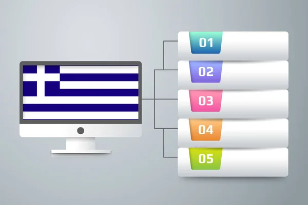 Griechenland Flagge Mit Infografik Design Mit Computer Monitor Einbinden Vektorillustration — Stockvektor