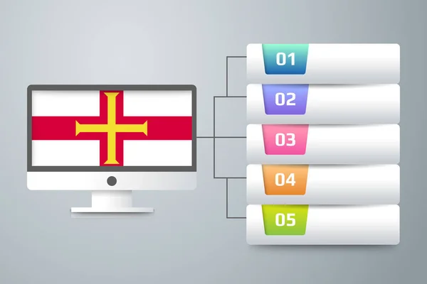 Guernsey Flag Dengan Infographic Design Inkorporasi Dengan Computer Monitor Ilustrasi - Stok Vektor