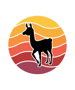 Alpaca Retro Günbatımı Tasarım şablonu. Logo, rozet, tişört, POD ve kitap kapağı için vektör tasarımı şablonu. İzole edilmiş beyaz arkaplan.