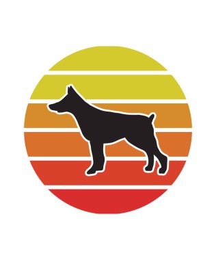 Beagle Retro Sunset Tasarım Şablonu. Logo, rozet, tişört, POD ve kitap kapağı için vektör tasarımı şablonu. İzole edilmiş beyaz arkaplan.