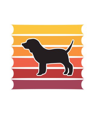 Beagle Retro Sunset Tasarım Şablonu. Logo, rozet, tişört, POD ve kitap kapağı için vektör tasarımı şablonu. İzole edilmiş beyaz arkaplan.
