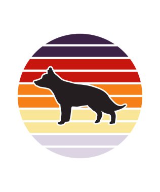 Beagle Retro Sunset Tasarım Şablonu. Logo, rozet, tişört, POD ve kitap kapağı için vektör tasarımı şablonu. İzole edilmiş beyaz arkaplan.