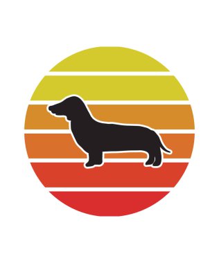 Beagle Retro Sunset Tasarım Şablonu. Logo, rozet, tişört, POD ve kitap kapağı için vektör tasarımı şablonu. İzole edilmiş beyaz arkaplan.