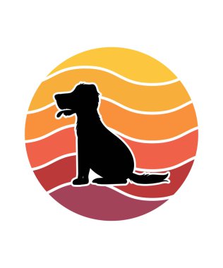 Beagle Retro Sunset Tasarım Şablonu. Logo, rozet, tişört, POD ve kitap kapağı için vektör tasarımı şablonu. İzole edilmiş beyaz arkaplan.