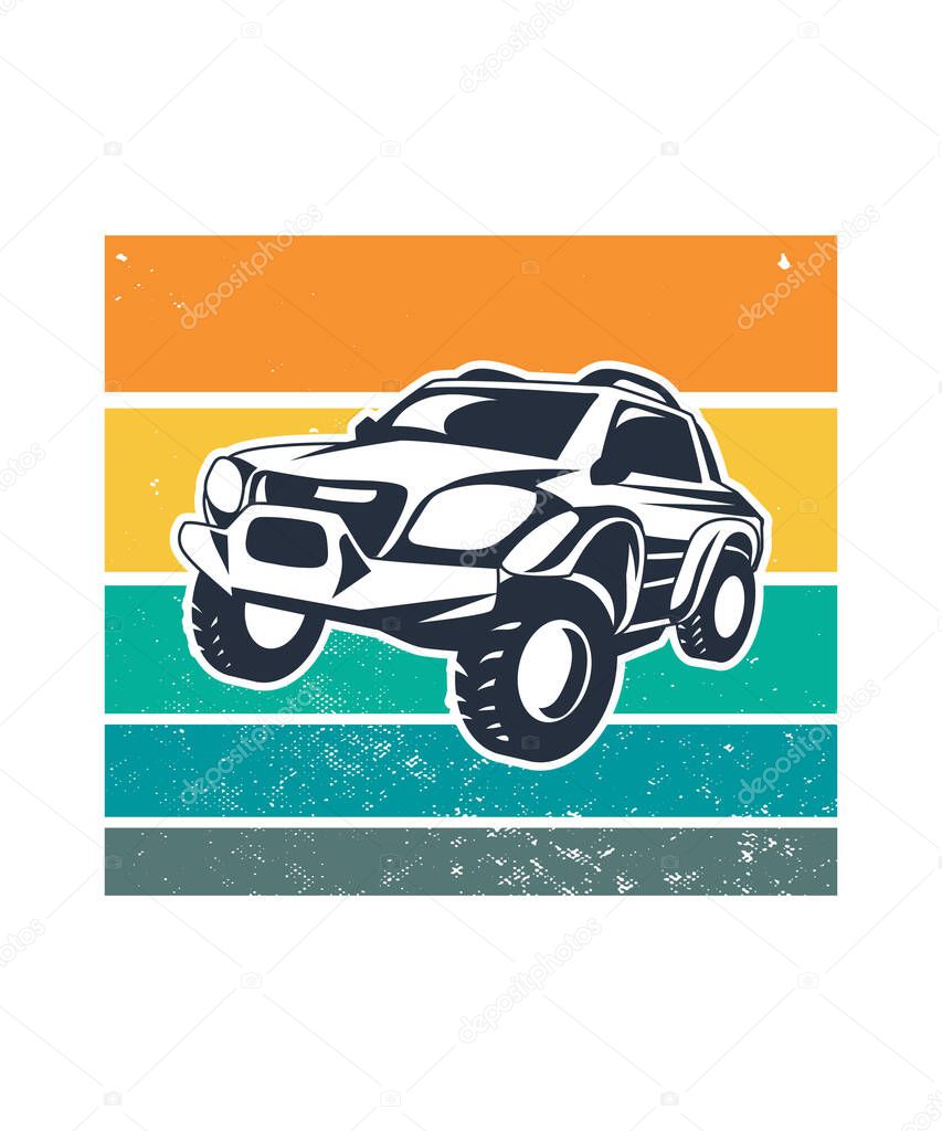 Car Retro Sunset Design template. Vector design template for logo, badges, t-shirt, POD and book cover. Isolated white background.