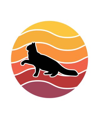 Kediler Günbatımı Tasarım şablonu. Logo, rozet, tişört, POD ve kitap kapağı için vektör tasarımı şablonu. İzole edilmiş beyaz arkaplan.