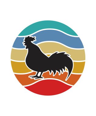 Tavuk Retro Sunset Tasarım Şablonu. Logo, rozet, tişört, POD ve kitap kapağı için vektör tasarımı şablonu. İzole edilmiş beyaz arkaplan.