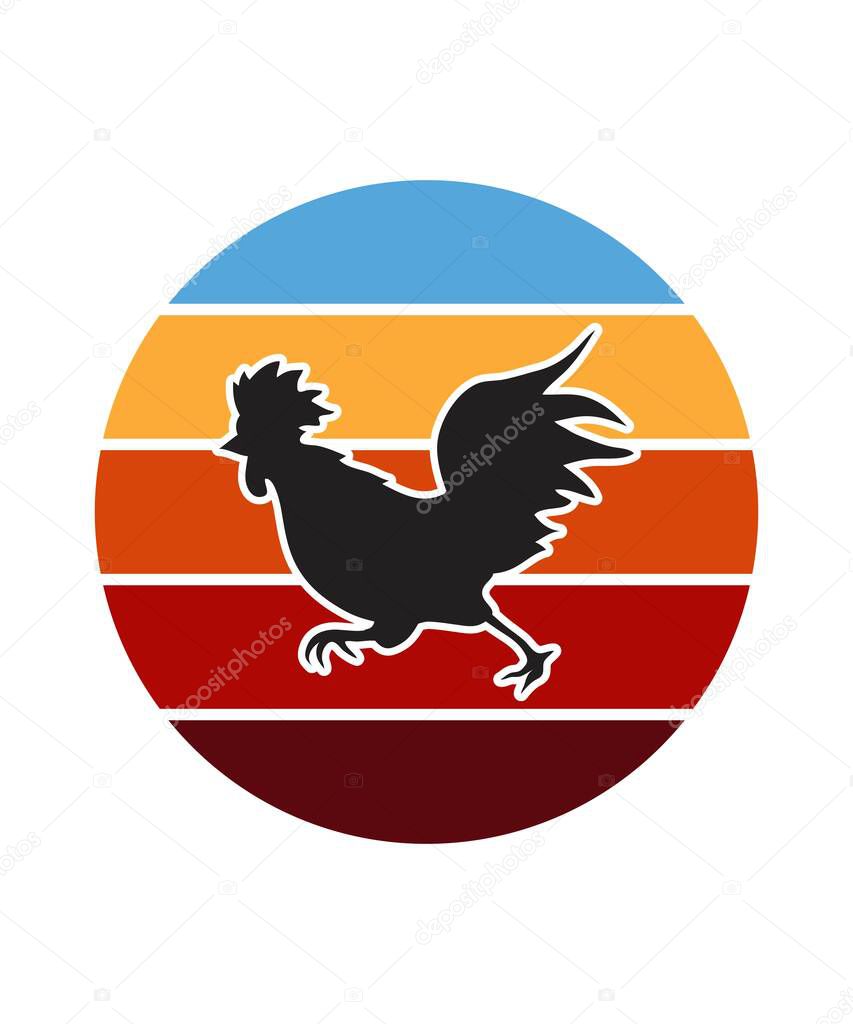 Chicken Retro Sunset Design template. Vector design template for logo, badges, t-shirt, POD and book cover. Isolated white background.