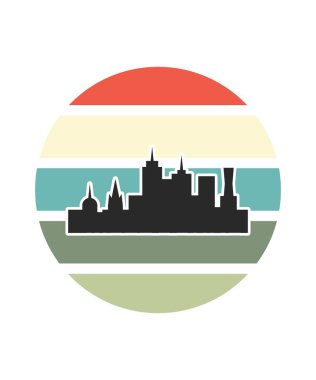 Şehir Günbatımı Tasarım Şablonu. Logo, rozet, tişört, POD ve kitap kapağı için vektör tasarımı şablonu. İzole edilmiş beyaz arkaplan.