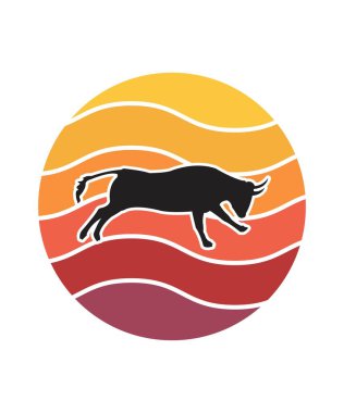 İnek Günbatımı Tasarım şablonu. Logo, rozet, tişört, POD ve kitap kapağı için vektör tasarımı şablonu. İzole edilmiş beyaz arkaplan.